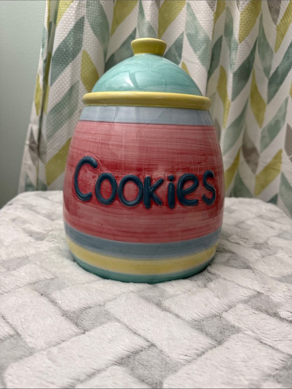 Ceramic Cookie Jar in Pastel Aqua, Pink & Yellow